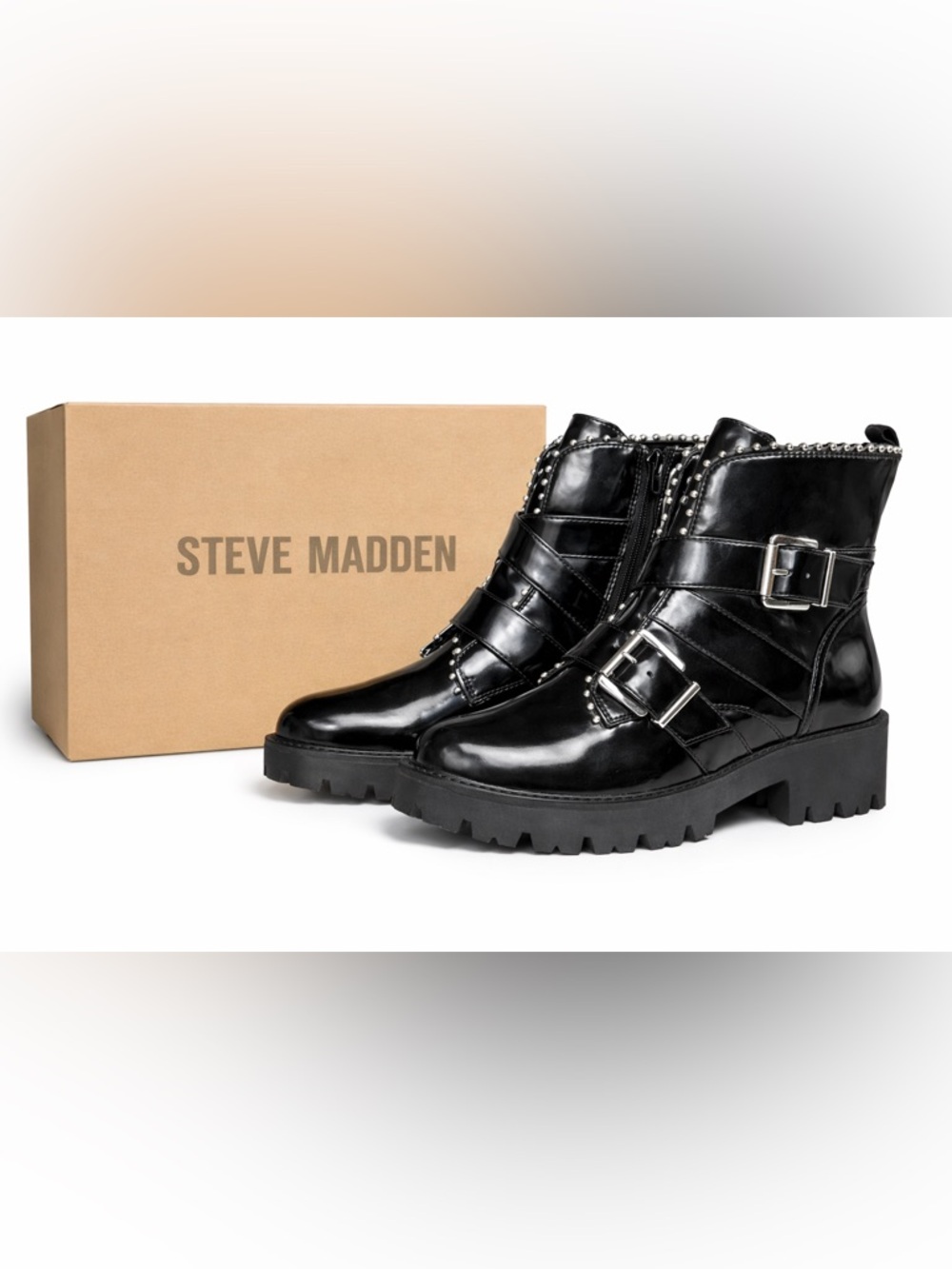 Steve Madden Hoofy Black Patent Ankle Boots Size 7.5 EU 38 Glossy Chic New